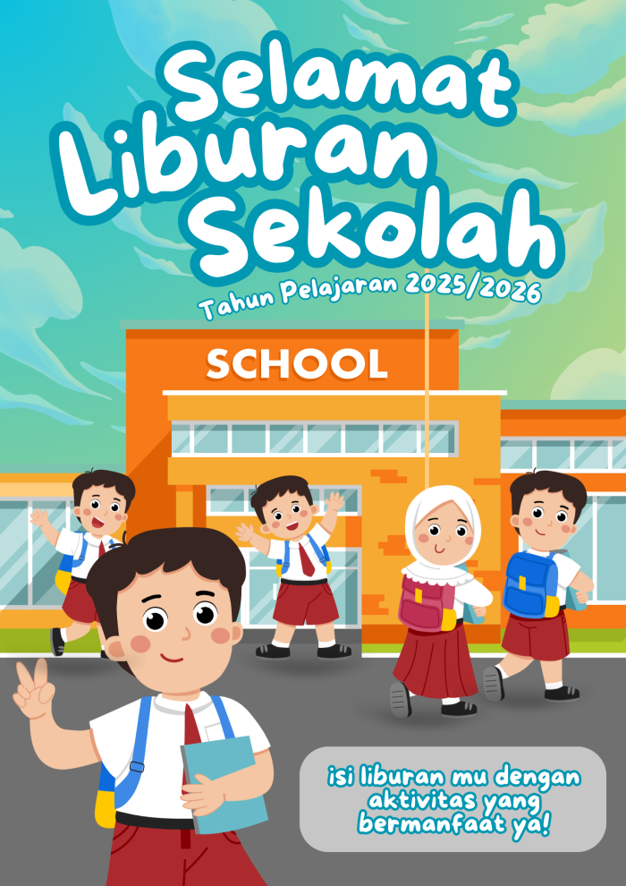 Poster Selamat Liburan Sekolah biru muda oranye ilustrasi