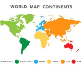 World map divided into six continents in different color. Colored map of the World with countries borders. Vector stock