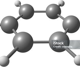 Benzene is an organic chemical compound. Its molecule is composed of 6 carbon atoms joined in a ring, with 1 hydrogen atom attached to each carbon atom