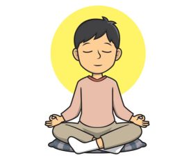 Cartoon image of a man sitting in a sitting posture practicing meditation With a yellow light surrounding