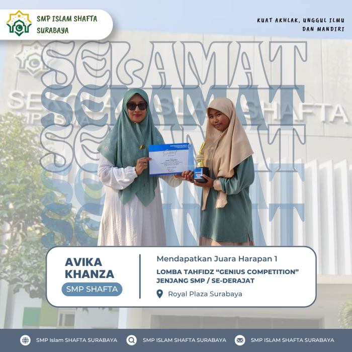 Gemilang di Ajang Tahfidz, Siswi SMP SHAFTA Raih Juara Harapan 1