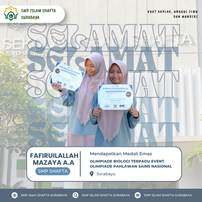 Generasi Berprestasi! Siswa SMP SHAFTA Taklukkan Olimpiade Pahlawan Sains Nasional dengan Medali Emas