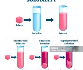 solubility Solubility vector illustration. Labeled educational solute, solvent and solution scheme. Chemistry and physics experimental substance forms diagram from dissolved to unstable crystals state reactions.